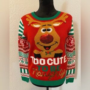 No Boundaries Men's Holiday Reindeer Sweater - Red, Green, Gold, White
